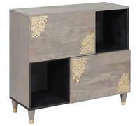 Sideboard Grey Solid Mango Wood 80x33x75cm Gold Screenprint Brass Knob 2Door Set