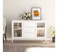 Sideboard White 105x35x70 cm Steel & Tempered Glass Modern Slim 3 Drawer 2 Shelf