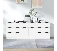 Sideboard White 181x30x70cm Engineered Wood 5 Drawers 4 Doors Black Handles Slim