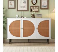 Sideboard With 3 Rattan Decorated Doors, Highboard With Metal Handles, For Bedroom & Living Room & Office, White, 129.8 X 40 X 76