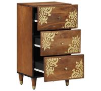 Sideboard with Drawers Made of Solid Mango Wood, Brown, 40 x 33 x 75 cm, with Gold Screen Print Design and Brass Handles, Modern Living Room, Lowboard Storage Space