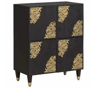 Sideboard with Shelf Black 60 x 33 x 75 cm Solid Wood Mango with Gold Screen Print and Brass Buttons Modern Living Room Lowboard Compact Storage Solution for Storage Space