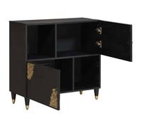 Sideboard with Shelf Black Solid Mango Wood 80 x 33 x 75 cm with Brass Buttons and Gold Screen Print Design Modern Storage Solution for Living Room and Dining Room