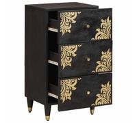 Sideboard with Shelf Black Solid Wood Mango 40 x 33 x 75 cm with Drawer and Brass Buttons Modern Living Room Lowboard for Storage and Storage