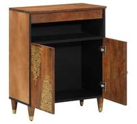Sideboard with Shelf Made of Solid Wood, Mango, Brown, 60 x 33 x 75 cm, with Brass Handles and Gold Screen Print, for Living Room, Storage and Modern Storage