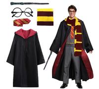 Sidesea Wizard Cloak, Halloween Costumes Adults Magic Robe Costume with Glasses Scarf Wand and Tie for Adults, Red Magic School Uniform, Fancy Dress for Carnival Cosplay Costume Party