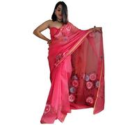 Sidhidata Women's Organza Flower Digital Printed Saree With Unstitched Blouse Piece (Organza Digital Print), Red, One Size