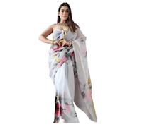 Sidhidata Women's Organza Flower Digital Printed Saree With Unstitched Blouse Piece (Organza Digital Print), Grey, Free Size