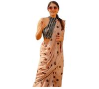 Sidhidata Women's Polka Dot Printed Linen Cotton Saree With Unstitched Blouse Piece (Laddu_Free Size), Peach, FreeSize