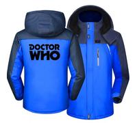 SIDHU Mens Fleece-Lined Skiing Jackets For Doctor Who Waterproof Full Zip Jacket With Detachable Hood Patchwork Parka Mountain Windbreaker Graphic Outerwear Hiking Walking Outdoor Coat,Blue-3XL