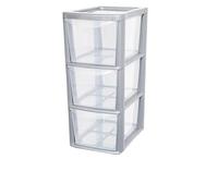 SIDSONS 3 Drawer Plastic Storage Organizer tower unit A5 Storage Drawers Desktop Table Small Chest of Drawer Bedroom Cosmetics Stationary Organizer Silver/Clear Height 48cm, Width 19cm, Depth 25cm