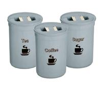 SIDSONS 3 Piece Set Tea Coffee Sugar Canister Set 850ml Plastic Round Home Kitchen Tea Coffee Sugar Container Tin Airtight Storage Jars Set (pastel Blue)
