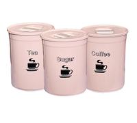 SIDSONS 3 Piece Set Tea Coffee Sugar Canister Set 850ml Plastic Round Home Kitchen Tea Coffee Sugar Container Tin Airtight Storage Jars Set (pastel Pink)