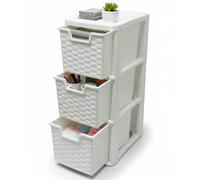 SIDSONS 3 Tier Rattan Drawers - Multipurpose Storage Organization, Modular Medium Storage Tower For Home, Office, Garage, White Desktop Drawer, Rattan Effect 48cm Height x 25cm Depth x 19cm Width (1)