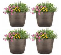 SIDSONS 34cm Barrel Planter - Gardening Flower Plant Pot - Wooden Effect Whiskey Barrel Planters - Indoor & Outdoor Use - No Drainage Hole - Flowers, Herbs, Mint Garden Plastic Tub (Brown, 4x)