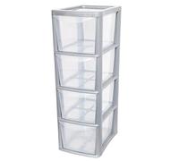 SIDSONS 4 Drawer Plastic Storage Organizer tower unit A5 Storage Drawers Desktop Table Small Chest of Drawer Bedroom Cosmetics Stationary Organizer Silver/Clear Height 62cm, Width 19cm, Depth 25cm
