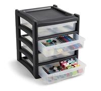SIDSONS - 4 Tier Shallow Extra Large Black Clear Drawers - Plastic Storage Organizer Unit - Transparent Drawer Front for Office Desk Craft Sewing Stationery Storage - Durable Stackable Design