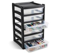 SIDSONS - 6 Tier Shallow Extra Large Black Clear Drawers - Plastic Storage Organizer Unit - Transparent Drawer Front for Office Desk Craft Sewing Stationery Storage - Durable Stackable Design