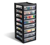 SIDSONS - 8 Tier Shallow Extra Large Black Clear Drawers - Plastic Storage Organizer Unit - Transparent Drawer Front for Office Desk Craft Sewing Stationery Storage - Durable Stackable Design