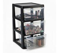 Sidsons - Large Plastic Storage Drawer Unit - Stackable Transparent Units - Clear Drawers for Home, Office Makeup Organiser - Compact Organiser Chest - Multi-Room Storage Solution (Black, 3 Tier)