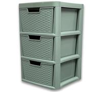 SIDSONS - Large Sage Green Rattan Effect Drawer Storage Unit Plastic Drawers Cabinet Tall Tower Chest Organiser for Bedroom Tabletop Office Home Storage Solution Durable & Stylish Design (3 Tier)
