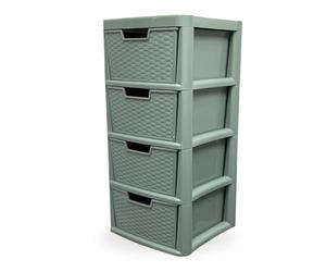 SIDSONS - Large Sage Green Rattan Effect Drawer Storage Unit Plastic Drawers Cabinet Tall Tower Chest Organiser for Bedroom Tabletop Office Home Storage Solution Durable & Stylish Design (4 Tier)