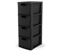 SIDSONS - Medium Rattan Effect Drawer Storage Unit Plastic Tower with Spacious Drawers for Home Office Bedroom Living Room Organisation Durable Stylish Design (Rattan Black, 4 Tier)