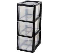 SIDSONS - Medium Rattan Effect Drawer Storage Unit Plastic Tower with Spacious Drawers for Home Office Bedroom Living Room Organisation Durable Stylish Design (Black/Clear, 3 Tier)