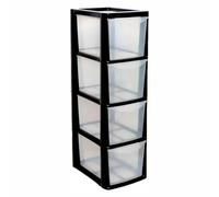 SIDSONS - Medium Rattan Effect Drawer Storage Unit Plastic Tower with Spacious Drawers for Home Office Bedroom Living Room Organisation Durable Stylish Design (Black/Clear, 4 Tier)