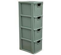 SIDSONS Medium Rattan Storage Drawers - 4 Drawer Modular Storage Tower - Home Office Garage Storage Solution - Sage Green Chest Drawers Organization - 62cm (H) x 25cm (D) x 19cm (W) (4 Tier, Medium)
