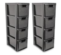 SIDSONS - Set of 2 Medium Rattan Effect Drawers - Stackable Modular Drawer - Plastic Storage Unit - Compact Vertical Organizer Drawers - Multipurpose Cabinet for Home & Office (Black, 4 Tier)