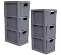 SIDSONS - Set of 2 Medium Rattan Effect Drawers - Stackable Modular Drawer - Plastic Storage Unit - Compact Vertical Organizer Drawers - Multipurpose Cabinet for Home & Office (Grey, 3 Tier)