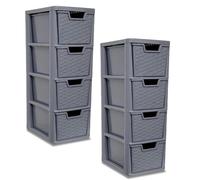 SIDSONS - Set of 2 Medium Rattan Effect Drawers - Stackable Modular Drawer - Plastic Storage Unit - Compact Vertical Organizer Drawers - Multipurpose Cabinet for Home & Office (Grey, 4 Tier)