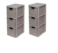SIDSONS Set Of 2 Rattan Effect Medium 3 Drawer Chest Tower Storage Unit Desktop A5 Size Tabletop Office Home School Stationery Cosmetic Organiser - Mushroom Colour - 47cm (H) x 25cm (D) x 19cm (W)
