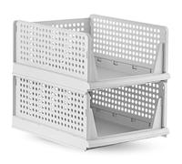 SIDSONS Wardrobe Storage Organiser - Stackable Folding Storage Basket, 2 Pack Closet Organizers Boxes, Drawer Storage Container for Bedroom, Cupboard, Kitchen Shelf Storage Box (White, Pack Of 2)