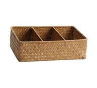 siduytin Functional Basket with Dividers Tightly Woven Wicker Desk Organizer Rustic Straw Weaving Storage Metal Frame Japanese Woven Storage Basket Desk