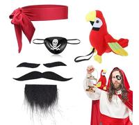 SIEBOLD 4-Piece Pirate Costume Accessories Set, Includes Shoulder Parrot, Eye Patches, Head Scarf, Beard for Kids, Unisex, Halloween, Birthday, Christmas