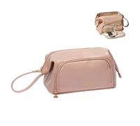 Siehpa3 Large Cosmetic Bag Double Layer Makeup Bag Travel Make Up Bag PU Leather Portable Toiletry Bag Roomy Cosmetic Organizer for Women and Girls, Pink, Classic