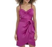 Siena Women's Sleeveless Sweatheart Neckline Matte Satin Bow Tie Waist Mini Dress Casual Night, Fuchsia, 16