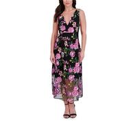 Siena Women's Sleeveless V-Neck Embroidered Mesh A-line Maxi Dress Cocktail, Black Multi, 18