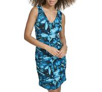 Siena Women's Sleeveless V-Neck Jersey Knit Ruched Mini Dress Cocktail, Blue-Green, 12
