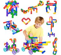 SIENIANLINE STEM Learning Pipe Tube Toy, Tube Locks Construction Building Blocks 96 Pcs - Multicolor Educational Building Blocks Set with Wheels& Spouts & Joints for Kid Ages 3+