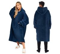 Sienna Extra Long Oversized Blanket Hoodie Wearable Throw with Pockets Sleeves Soft Sherpa Fleece Wearable Throw Giant Sweatshirt, Navy Blue