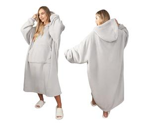 Sienna Extra Long Oversized Blanket Hoodie Wearable Throw with Pockets Sleeves Soft Sherpa Fleece Wearable Throw Giant Sweatshirt, Silver Grey