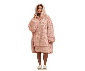 Sienna Fluffy Long Fibre Fleece Sherpa Lined Super Soft Hoodie Blanket Womens Oversized Jumper Throw, Blush Pink - Adults