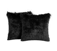 Sienna Fluffy Shaggy Pack of 2 x Cushion Covers 45 x 45 cm Square Long Soft Fibre Home Sofa Pillow Couch Reversible Set, 18" x 18" - Black
