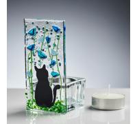 Sienna Glass Fused Glass Tea Light Holder - Cat & Forget Me Not Design (Handmade)