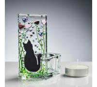 Sienna Glass Fused Glass Tea Light Holder - Cat & Violet Design (Handmade)