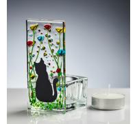 Sienna Glass Fused Glass Tea Light Holder - Cat & Wildflower Design (Handmade)
