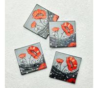 Sienna Glass Set of 4 Wild Poppy Glass Coasters - Handcrafted Square Drink Mats with Red Floral Design - Elegant Table Protection for Home, Kitchen, Dining Room, and Special Occasions